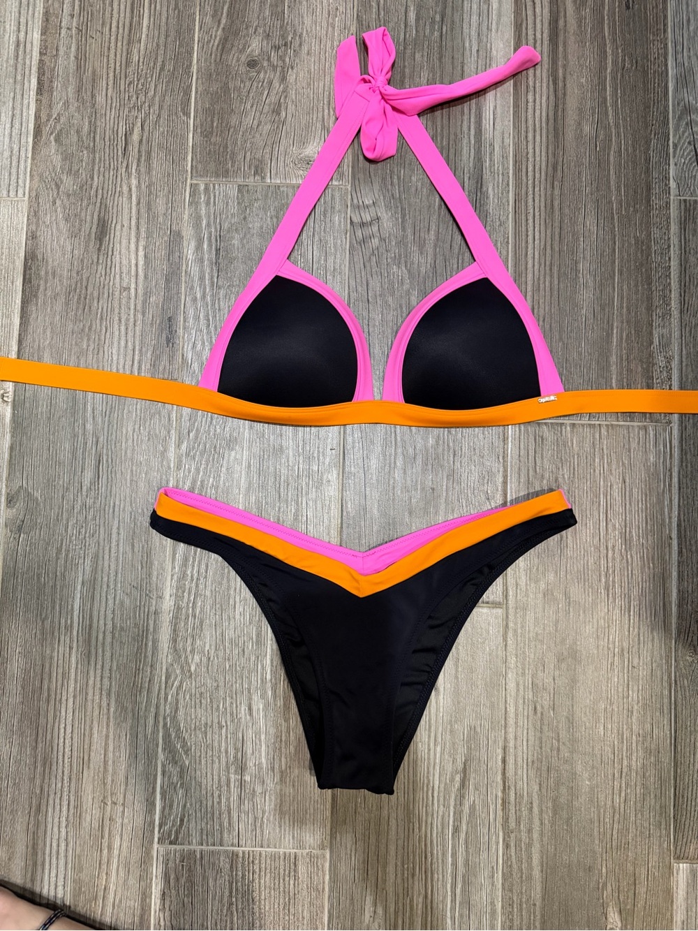 PINK Victoria's Secret Black Bikini with Pink & Orange Trim